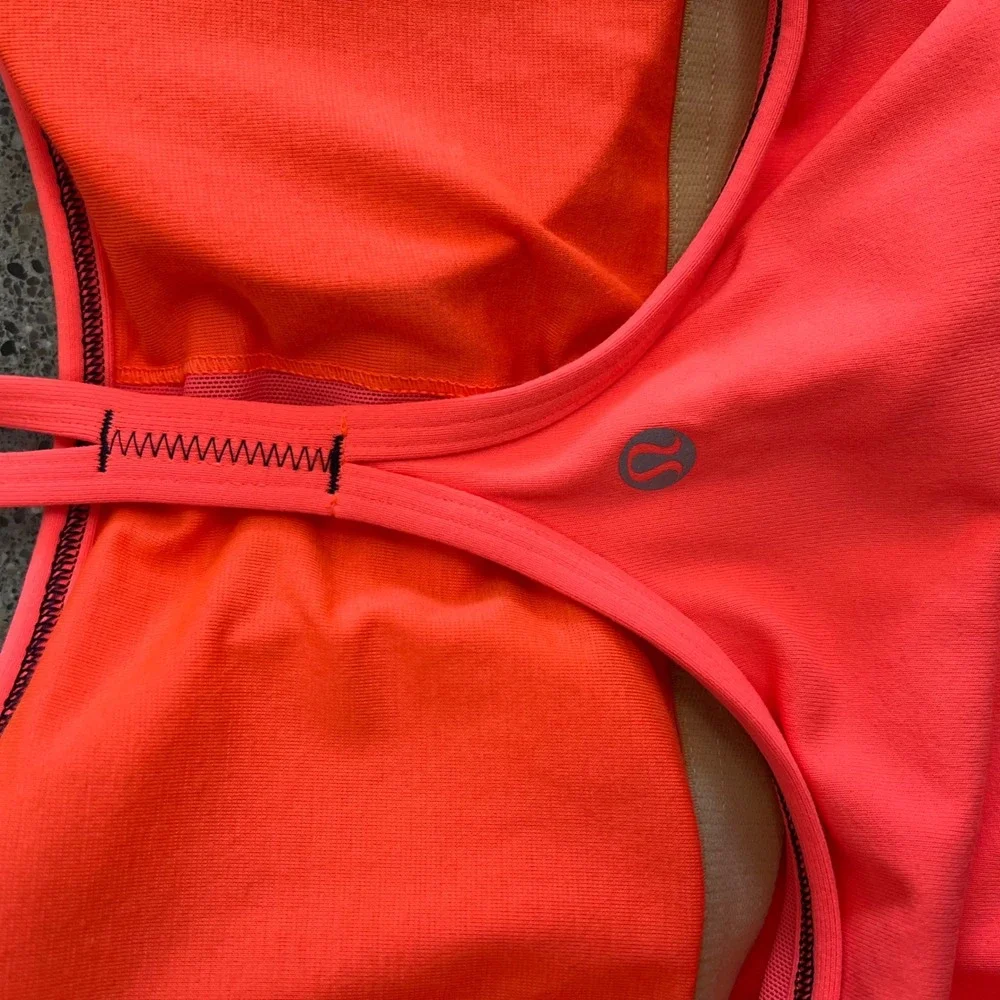Lululemon Power Y Tank Top Neon Coral Orange Racerback Shelf Bra Womens Yoga 10